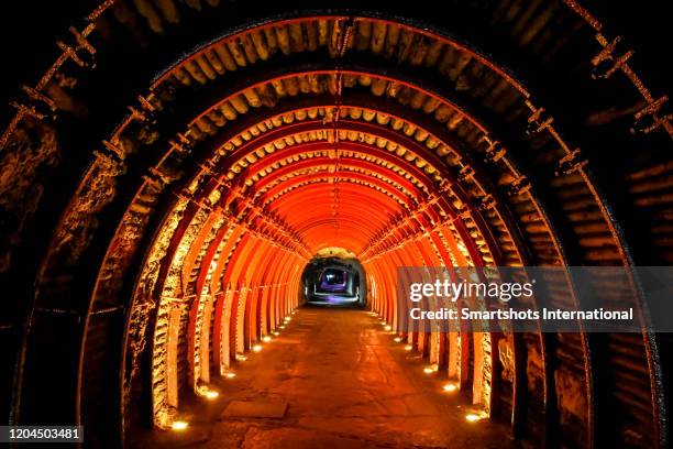public corridor illuminated with psychedelic red color lights - digital mining stock pictures, royalty-free photos & images