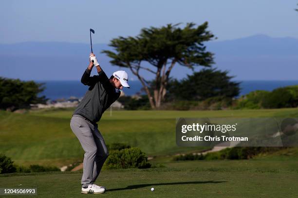 Nick Taylor of Canada plays his shot from the seventh tee during the during the first round of the AT&T Pebble Beach Pro-Am at Monterey Peninsula...