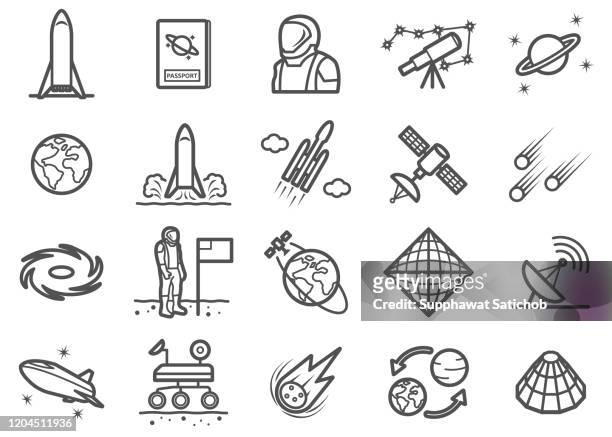 ilustraciones, imágenes clip art, dibujos animados e iconos de stock de conjunto de iconos de línea de exploración espacial - space shuttle