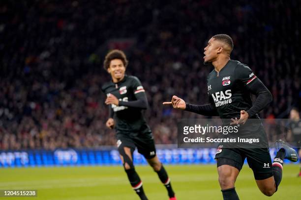 Myron Boadu of AZ Alkmaar celebrates 0-1 during the Dutch Eredivisie match between Ajax v AZ Alkmaar at the Johan Cruijff Arena on March 1, 2020 in...