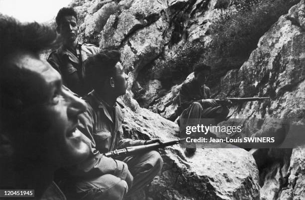 The Algerian War in Algeria in 1959 - Harkis and Alpine chasseurs on a military operation.