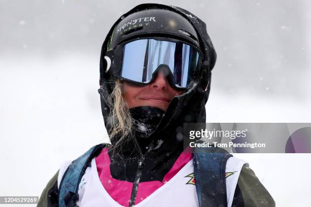 Jamie Anderson on the United States reacts after competing in the Snowboard Team Challenge - Streetstyle Event during the Dew Tour Copper Mountain...