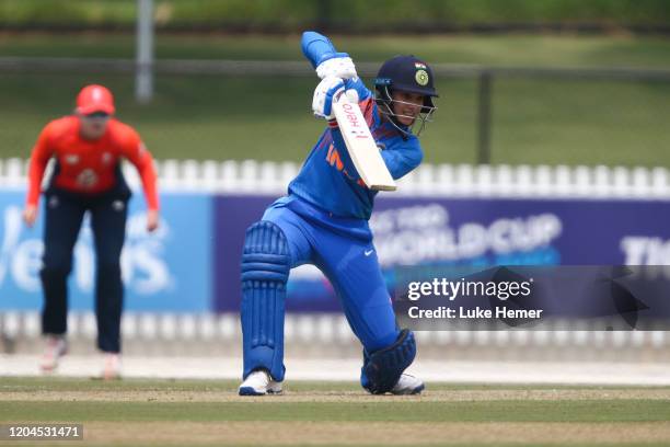Smriti Mandhana of India plays a shot during game four of the Tri Series Twenty20 series between India and England at Junction Oval on February 07,...