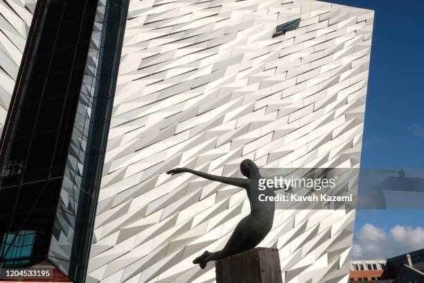 The Titanica sculpture of a female figure made by renowned Irish sculptor Rowan Gillespie stands erect outside the Titanic Belfast Museum on October...