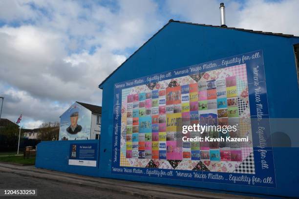 Women peace quilt mural seen near the memorial site of Stevie McKeag also known as Top-Gun who was a Loyalist paramilitary commander of Ulster...