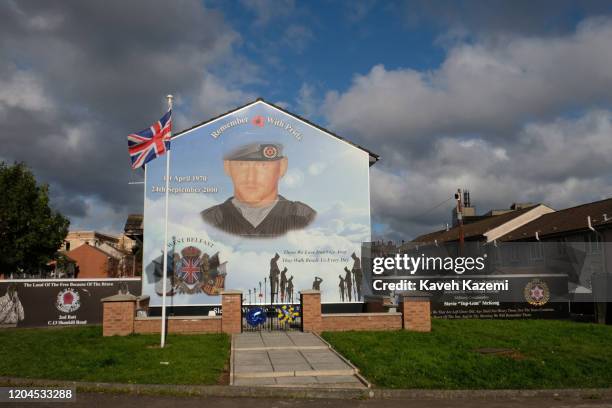Union Jack flag is seen amass at the memorial site of Stevie McKeag also known as Top-Gun who was a Loyalist paramilitary commander of Ulster Defence...
