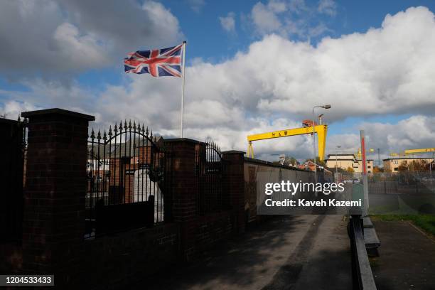 Union Jack flag seen amass in the Loyalist residential neighbourhood near the old shipyard on October 29, 2019 in East Belfast, United Kingdom....