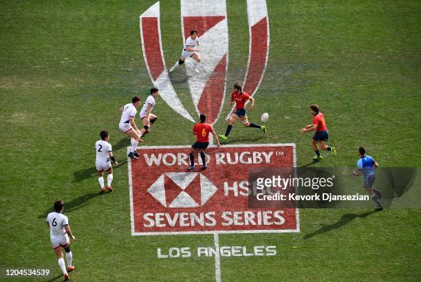 Korea defends against Spain during the HSBC World Rugby Sevens Series at Dignity Health Sports Park on March 1, 2020 in Carson, California.
