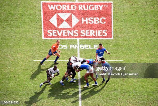 Kenya takes on Samoa during the HSBC World Rugby Sevens Series at Dignity Health Sports Park on March 1, 2020 in Carson, California.