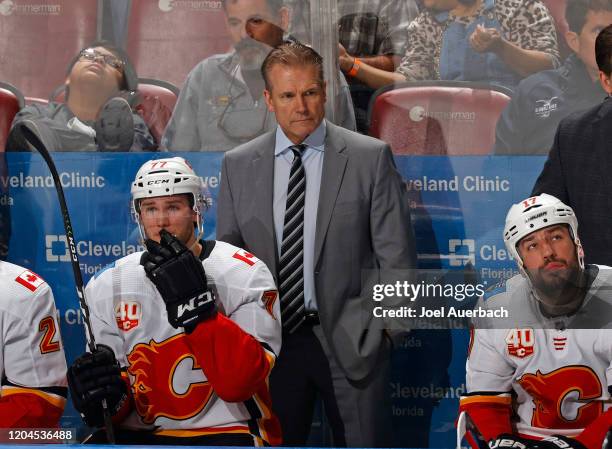 Interim head coach Geoff Ward of the Calgary Flames looks on during third period action against the Florida Panthers at the BB&T Center on March 1,...