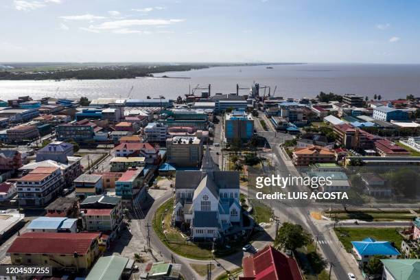 Aerial view of the Saint George's Cathedral and the Georgetown's port, in Georgetown, Guyana, on March 1, 2020. - Opened on 1892, St. George's...