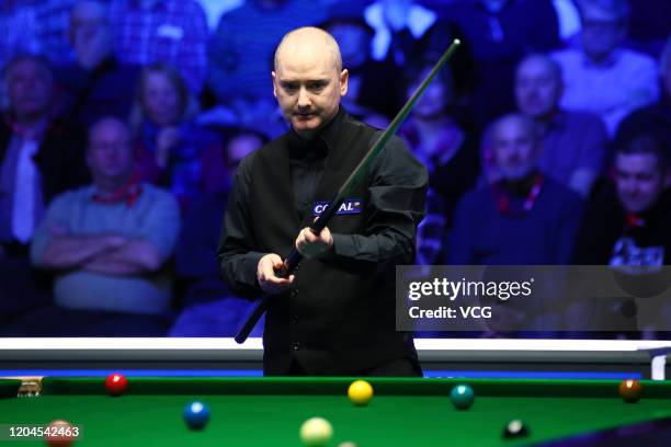 Graeme Dott of Scotland reacts during the quarter-final match against Ronnie O'Sullivan of England on day four of 2020 Coral World Grand Prix at the...