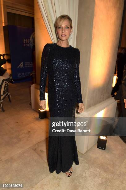 Uma Thurman attends the 2020 Hollywood For The Global Ocean Gala honoring HSH Prince Albert II of Monaco at Palazzo di Amore on February 06, 2020 in...