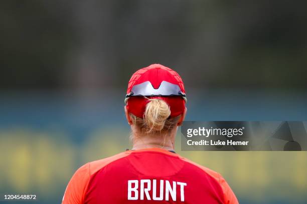 Katherine Brunt of England looks on from the boundary during game four of the Tri Series Twenty20 series between India and England at Junction Oval...