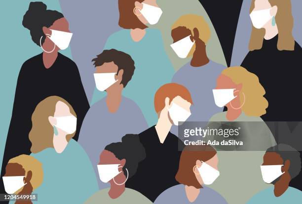 illustrazioni stock, clip art, cartoni animati e icone di tendenza di indossare una maschera medica per i virus invernali - comunità
