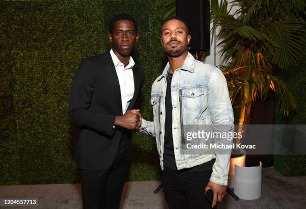 Damson Idris and Michael B. Jordan attend Grey Goose Toasts To A Year Of Victorious Filmmaking at The MACRO Pre-Oscars Party at Fig & Olive on...