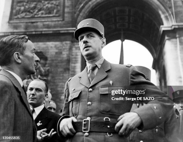 Charles De Gaulle And Georges Bidault In Paris, France On August 26, 1944 - Charles De Gaulle And Georges Bidault in front Arc de triomphe .