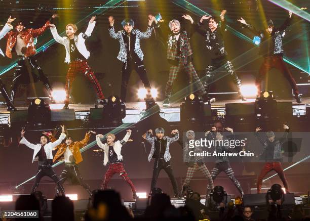 Singers Taemin, Baekhyun, Kai, Taeyong, Ten, Mark and Lucas of K-pop supergroup SuperM perform on stage at Rogers Arena on February 06, 2020 in...