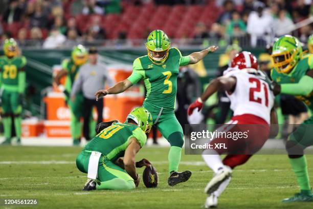 Andrew Franks of the Tampa Bay Vipers kicks a field goal during the XFL game against the DC Defenders at Raymond James Stadium on March 1, 2020 in...