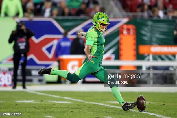 Andrew Franks of the Tampa Bay Vipers kicks off during the XFL game against the DC Defenders at Raymond James Stadium on March 1, 2020 in Tampa,...