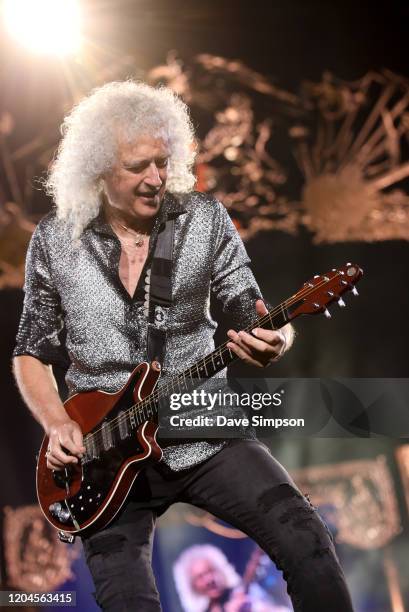 Brian May of Queen performs at Mt Smart Stadium on February 07, 2020 in Auckland, New Zealand.