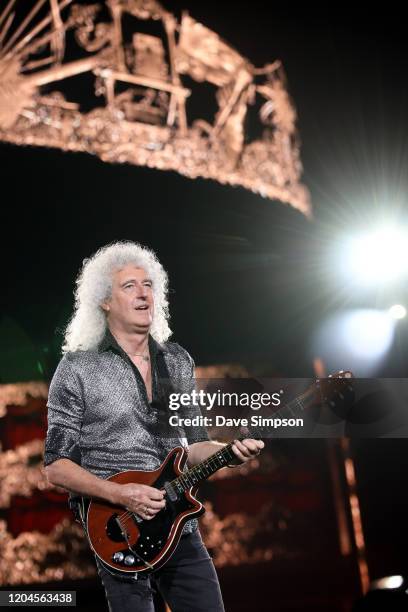 Brian May of Queen performs at Mt Smart Stadium on February 07, 2020 in Auckland, New Zealand.