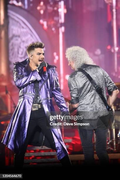 Adam Lambert and Brian May perform at Mt Smart Stadium on February 07, 2020 in Auckland, New Zealand.