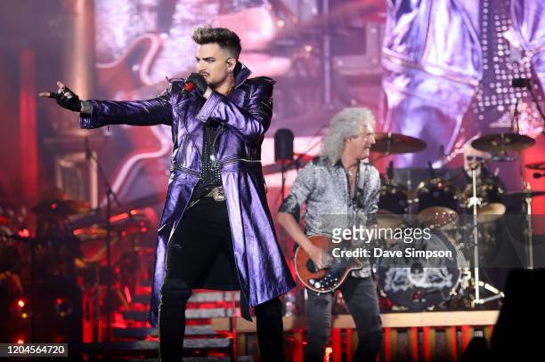 Adam Lambert, Brian May and Roger Taylor perform at Mt Smart Stadium on February 07, 2020 in Auckland, New Zealand.