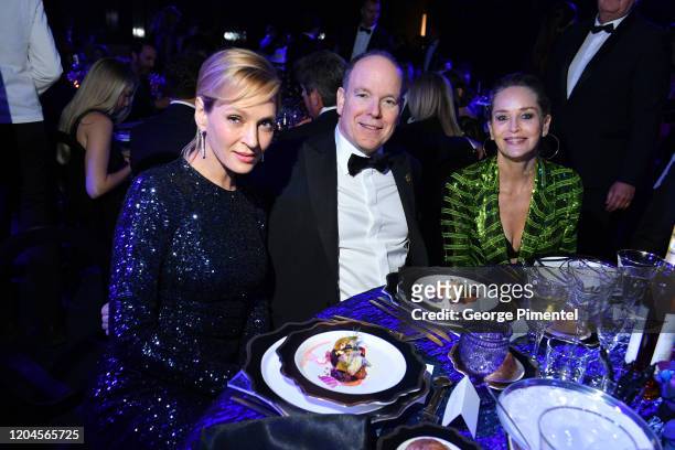 Uma Thurman, Prince Albert II of Monaco and Sharon Stone attends 2020 Hollywood For The Global Ocean Gala Honoring HSH Prince Albert II Of Monaco at...