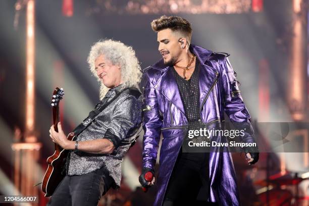 Brian May and Adam Lambert perform at Mt Smart Stadium on February 07, 2020 in Auckland, New Zealand.