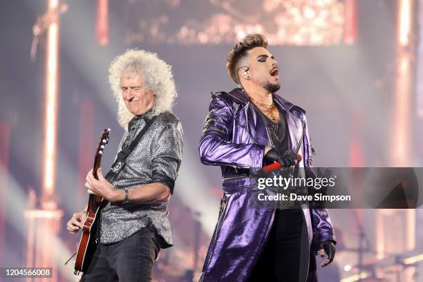 Brian May and Adam Lambert perform at Mt Smart Stadium on February 07, 2020 in Auckland, New Zealand.