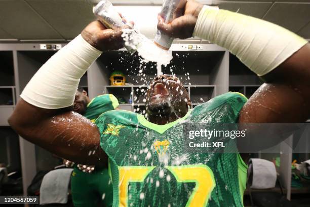 Deiontrez Mount of the Tampa Bay Vipers celebrates with Bud Light Seltzer after the XFL game against the DC Defenders at Raymond James Stadium on...