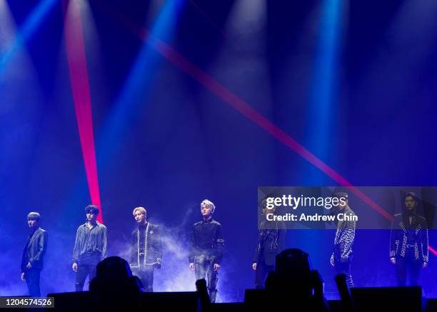 Singers Taemin, Baekhyun, Kai, Taeyong, Ten, Mark and Lucas of K-pop supergroup SuperM perform on stage at Rogers Arena on February 06, 2020 in...