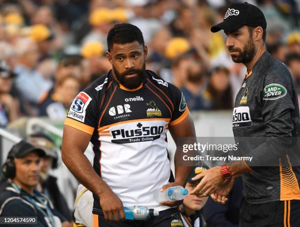 Scott Sio of the Brumbies comes off injured during the round 2 Super Rugby match between the Brumbies and the Rebels at GIO Stadium on February 07,...