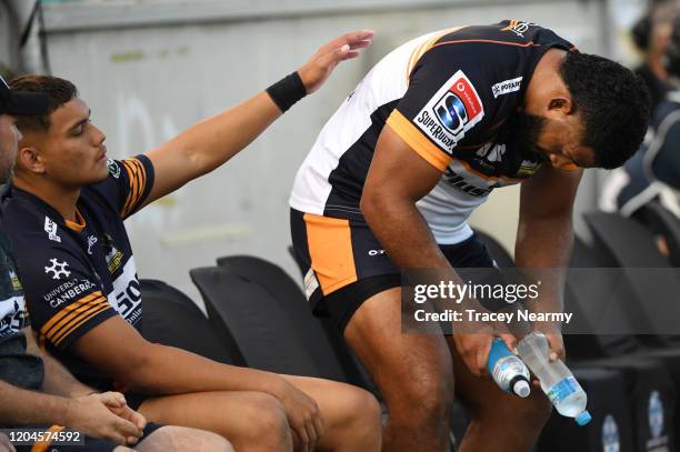 Scott Sio of the Brumbies comes off injured during the round 2 Super Rugby match between the Brumbies and the Rebels at GIO Stadium on February 07,...