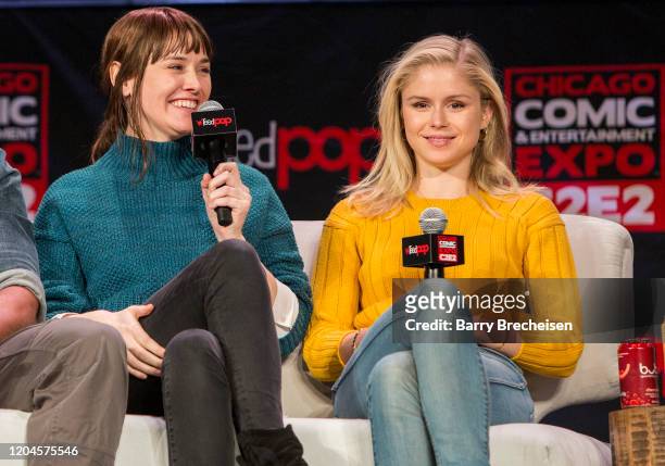 Actors Dominique McElligott and Erin Moriarty during C2E2 at McCormick Place on March 01, 2020 in Chicago, Illinois.