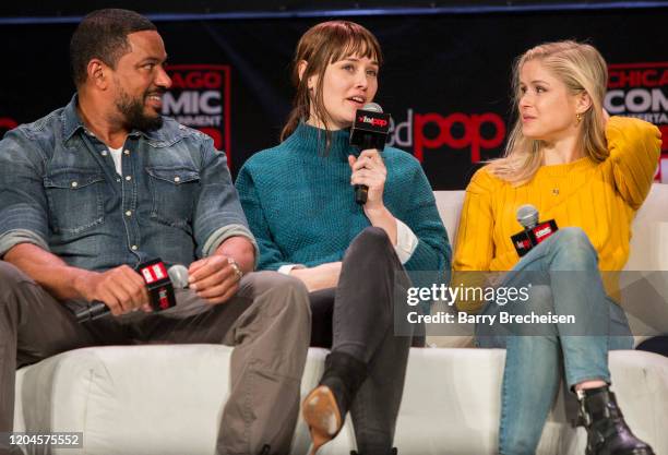 March 01: Actors Laz Alonso, Dominique McElligott and Erin Moriarty during C2E2 at McCormick Place on March 01, 2020 in Chicago, Illinois.