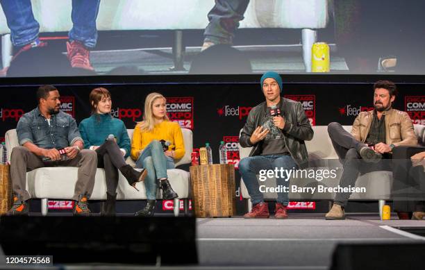 Actors Laz Alonso, Dominique McElligott, Erin Moriarty, Anthony Starr and Karl Urban during C2E2 at McCormick Place on March 01, 2020 in Chicago,...