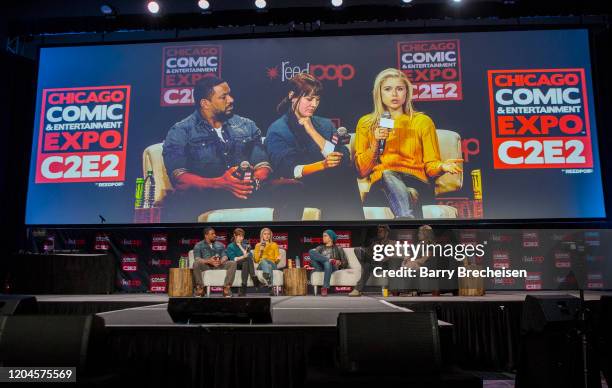 Actors Laz Alonso, Dominique McElligott, Erin Moriarty, Anthony Starr and Karl Urban during C2E2 at McCormick Place on March 01, 2020 in Chicago,...