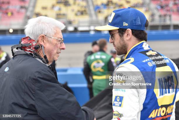 Hall of Fame team owner Leonard Wood chats with Chase Elliott NAPA Auto Parts Chevrolet, Hendrick Motorsports before start of the race at the NASCAR...