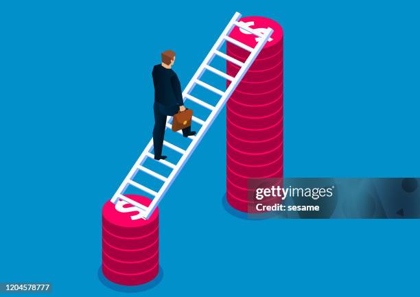 businessman climbs to higher pile of gold coins, career development, business growth - higher return stock illustrations