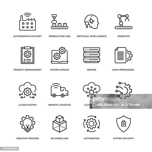 industry 4.0 outline icon set - virtual business strategy stock illustrations