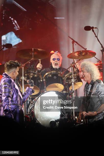 Adam Lambert, Roger Taylor and Brian May perform at Mt Smart Stadium on February 07, 2020 in Auckland, New Zealand.