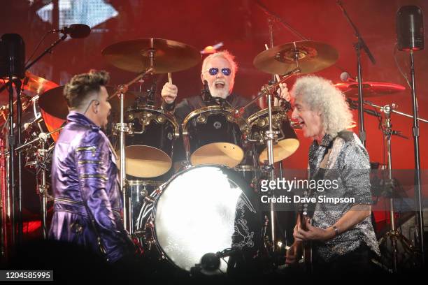 Adam Lambert, Roger Taylor and Brian May perform at Mt Smart Stadium on February 07, 2020 in Auckland, New Zealand.