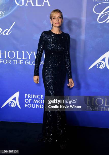 Uma Thurman arrives at the 2020 Hollywood For The Global Ocean Gala Honoring HSH Prince Albert II Of Monaco at Palazzo di Amore on February 06, 2020...