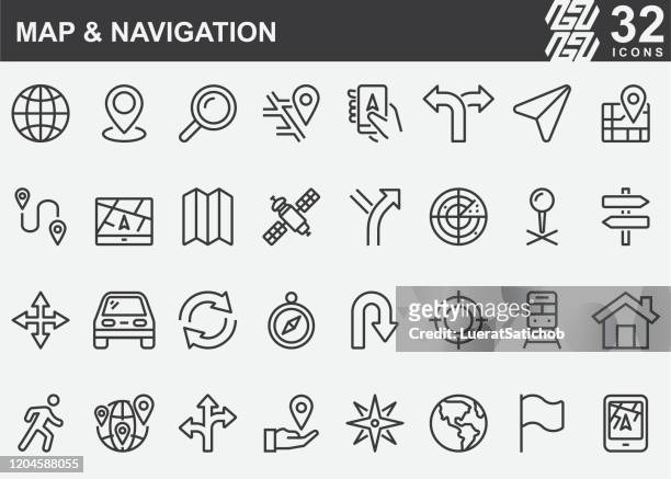 illustrazioni stock, clip art, cartoni animati e icone di tendenza di icone della mappa e della linea di navigazione - direzione