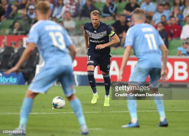 Ola Toivonen of the Victory lines up a free kick during the round 18 A-League match between Melbourne City and Melbourne Victory at AAMI Park on...