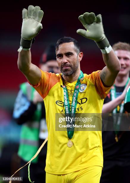 Claudio Bravo of Manchester City celebrates during the Carabao Cup Final between Aston Villa and Manchester City at Wembley Stadium on March 1, 2020...