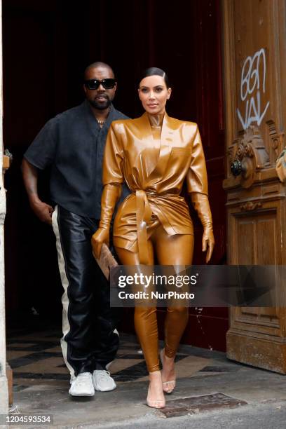 Kim Kardashian and Kanye West at the Theatre des Bouffes du Nord to attend Kanye West's Sunday Service on March 01, 2020 in Paris, France.