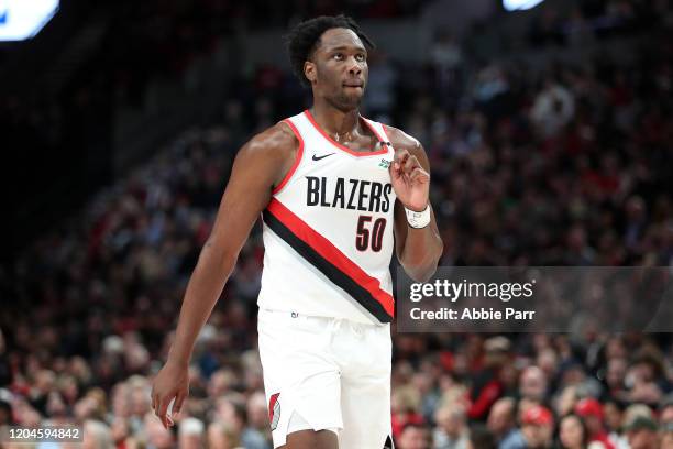 Caleb Swanigan of the Portland Trail Blazers reacts in the second quarter against the San Antonio Spurs during their game at Moda Center on February...